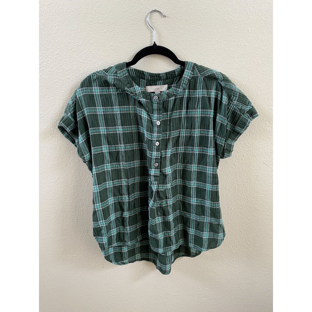Loft Green Plaid XS Button-Up Short Sleeve Blouse Womens Cotton Blend Boho